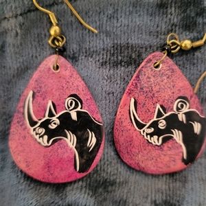 African Rhinoceros Pink Carved Soapstone Earrings